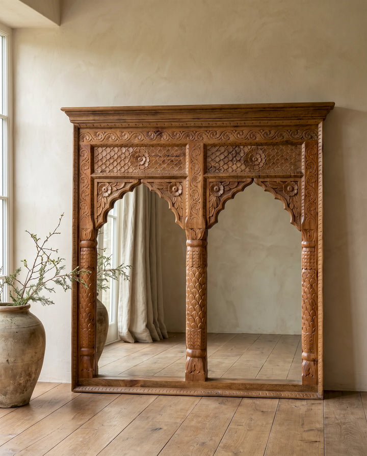 Hand-Carved Mango Wood Double Arch Mirror – Natural Finish