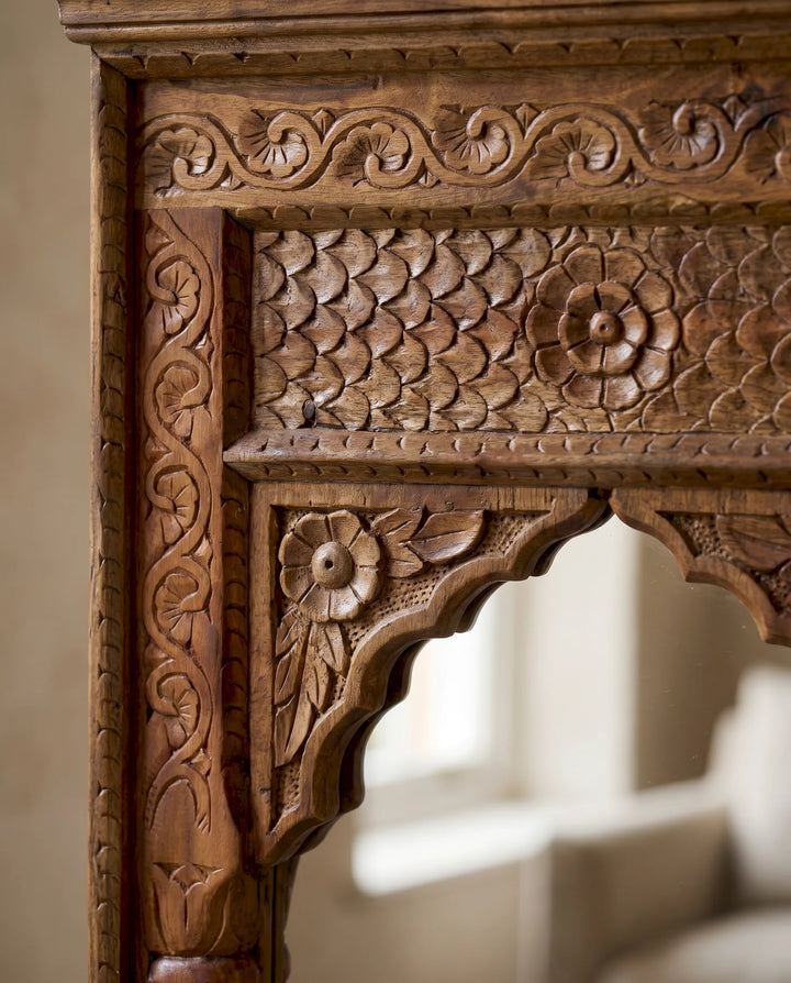 Hand-Carved Mango Wood Double Arch Mirror – Natural Finish