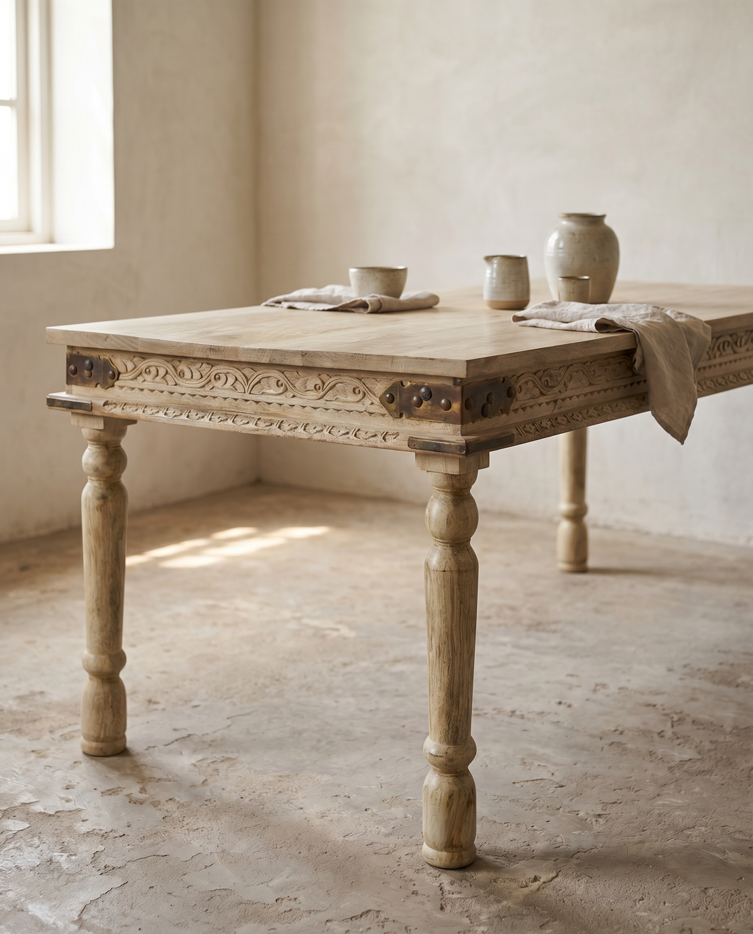 Vintage Mango Wood Dining Table – Hand-Carved Natural Finish – Kirei ...