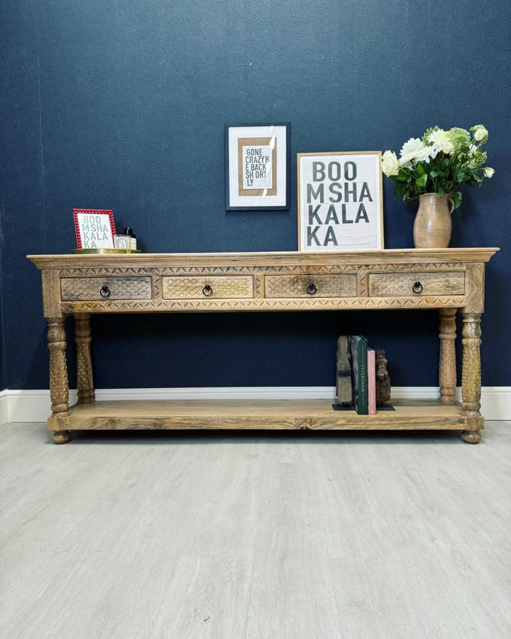 Ornate Four Drawer Mango Wood Console Table