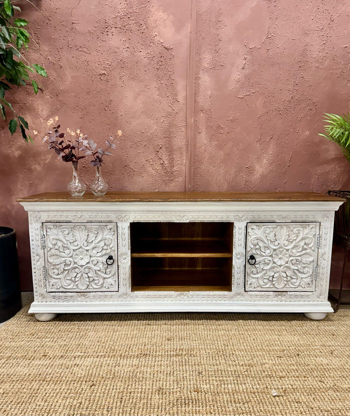 Hand-Carved Mango Wood TV Unit – Whitewashed Finish with Floral Detailing