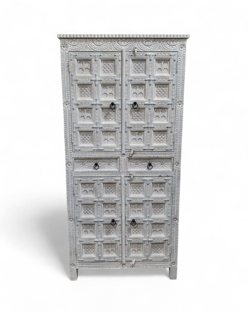 Hand-Carved Mango Wood Cabinet – Whitewashed Finish with 4 Doors & 2 Drawers