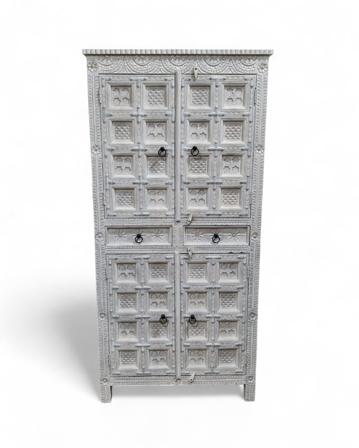 Hand-Carved Mango Wood Cabinet – Whitewashed Finish with 4 Doors & 2 Drawers