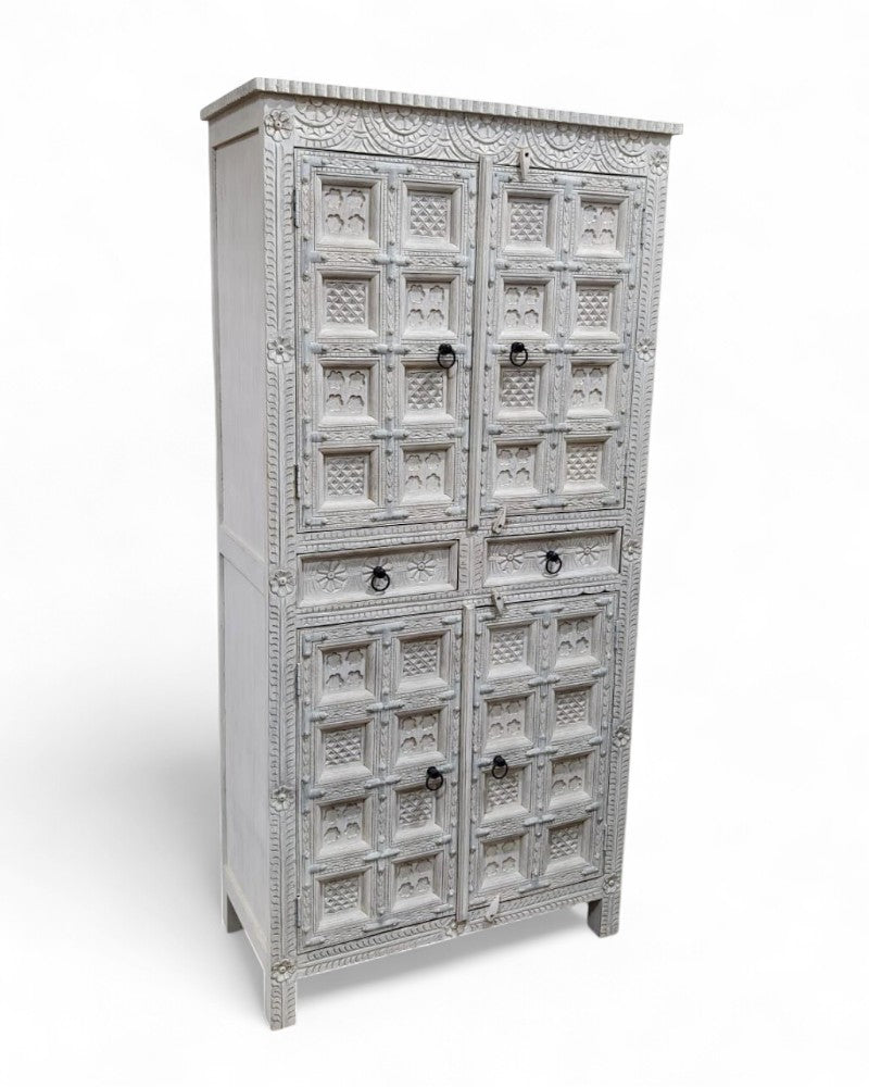 Hand-Carved Mango Wood Cabinet – Whitewashed Finish with 4 Doors & 2 Drawers