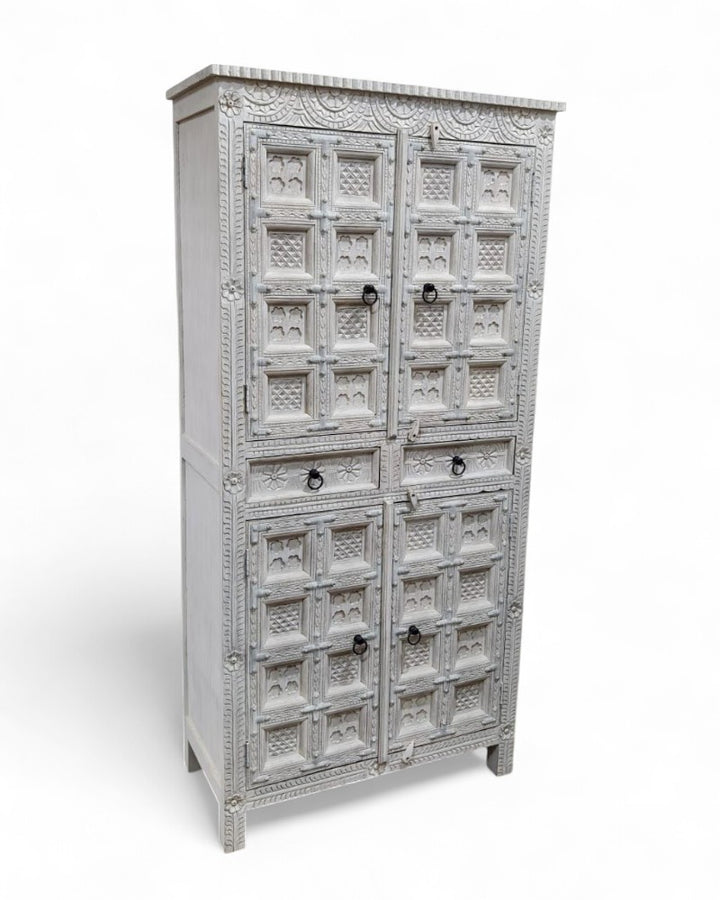 Hand-Carved Mango Wood Cabinet – Whitewashed Finish with 4 Doors & 2 Drawers