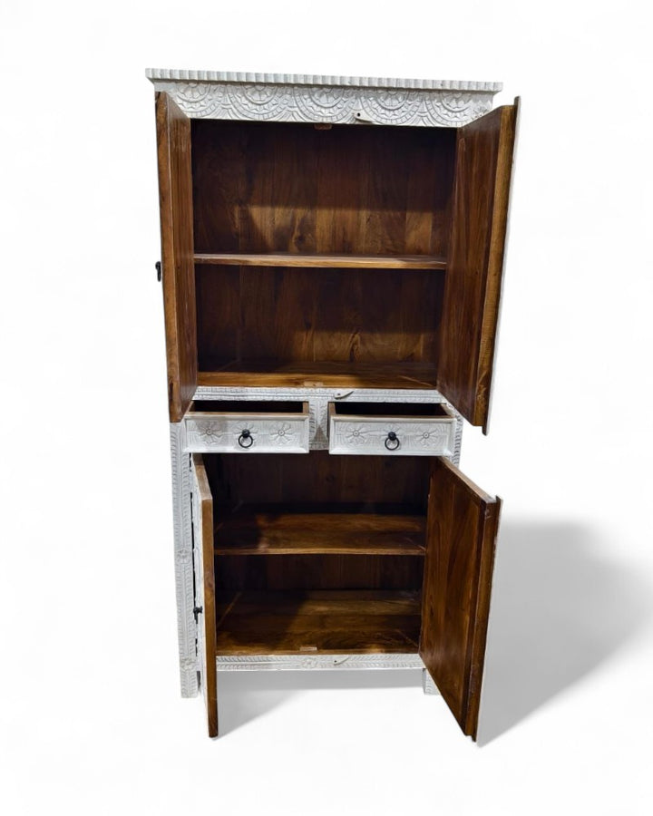 Hand-Carved Mango Wood Cabinet – Whitewashed Finish with 4 Doors & 2 Drawers