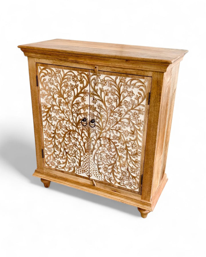Hand-Carved Mango Wood Sideboard – Tree of Life Design in Natural Whitewashed Finish