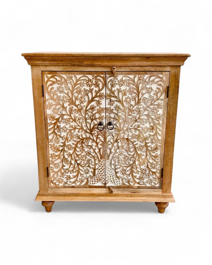 Hand-Carved Mango Wood Sideboard – Tree of Life Design in Natural Whitewashed Finish
