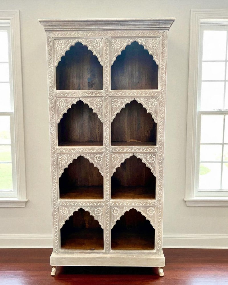 Hand-Carved Mango Wood Bookcase – Cream Washed Finish with Indian Arch Design