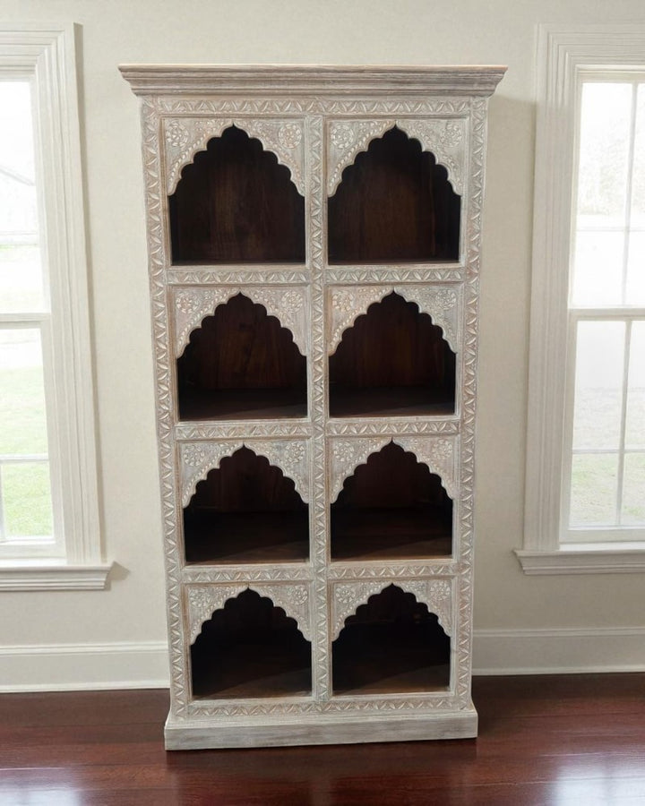 Hand-Carved Mango Wood Bookcase – Cream Washed Finish with Indian Arch Design