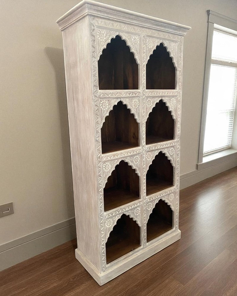 Hand-Carved Mango Wood Bookcase – Cream Washed Finish with Indian Arch Design