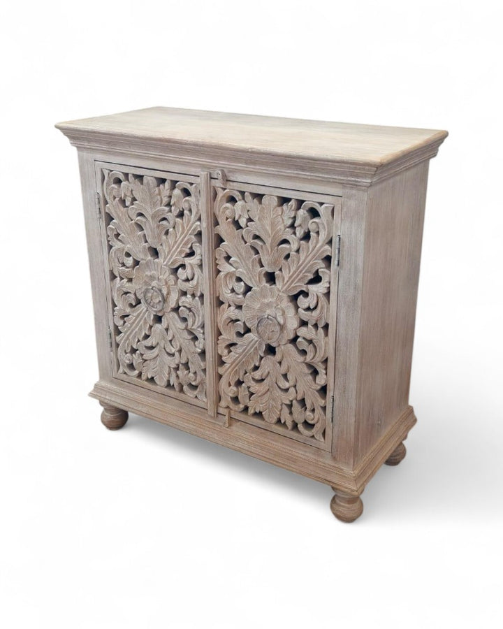 Hand-Carved Mango Wood Sideboard – Creamwashed Finish with Floral Detailing