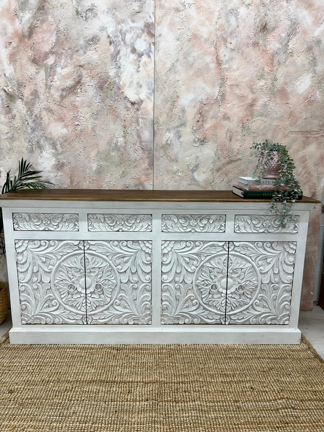 Hand-Carved Mango Wood Sideboard with Floral Detailing – Whitewashed Finish