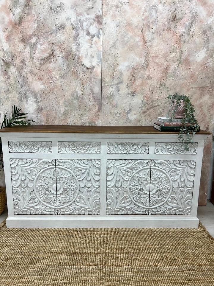 Hand-Carved Mango Wood Sideboard with Floral Detailing – Whitewashed Finish