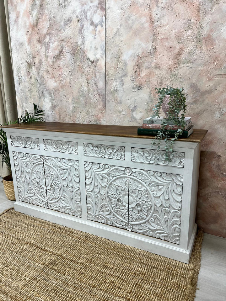 Hand-Carved Mango Wood Sideboard with Floral Detailing – Whitewashed Finish