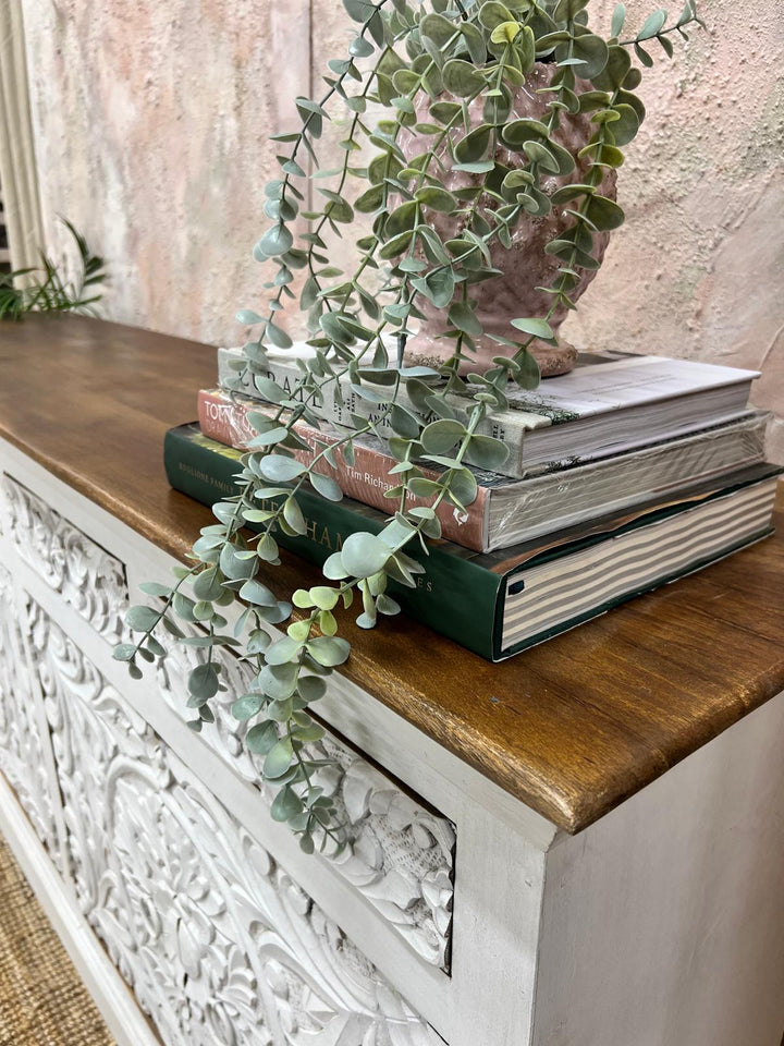 Hand-Carved Mango Wood Sideboard with Floral Detailing – Whitewashed Finish