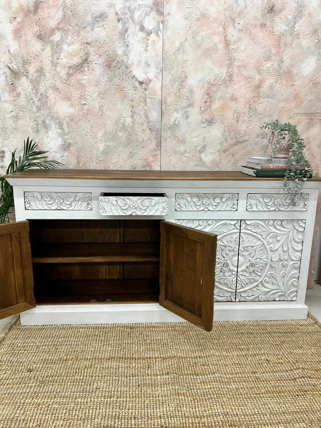 Hand-Carved Mango Wood Sideboard with Floral Detailing – Whitewashed Finish