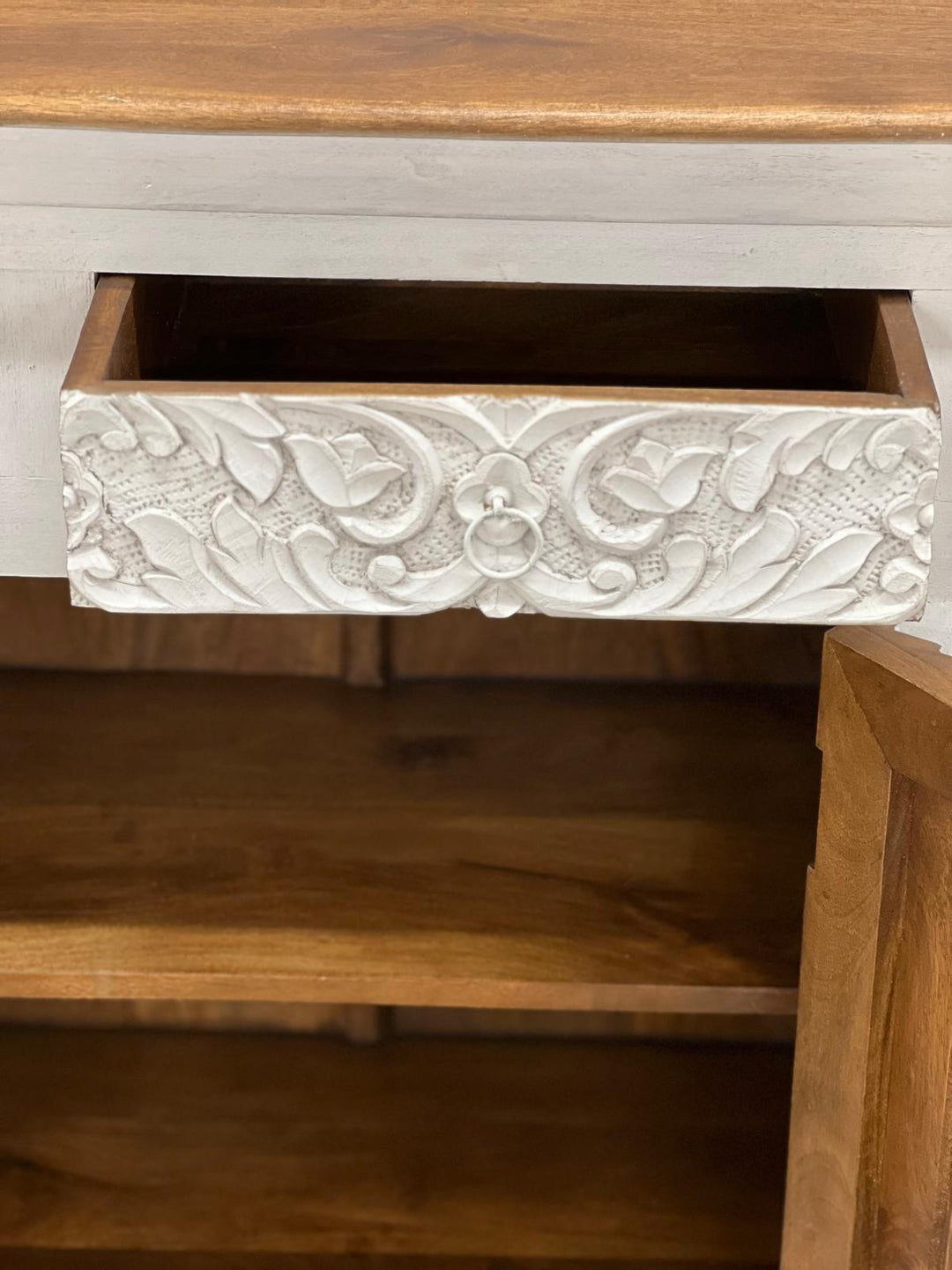 Hand-Carved Mango Wood Sideboard with Floral Detailing – Whitewashed Finish
