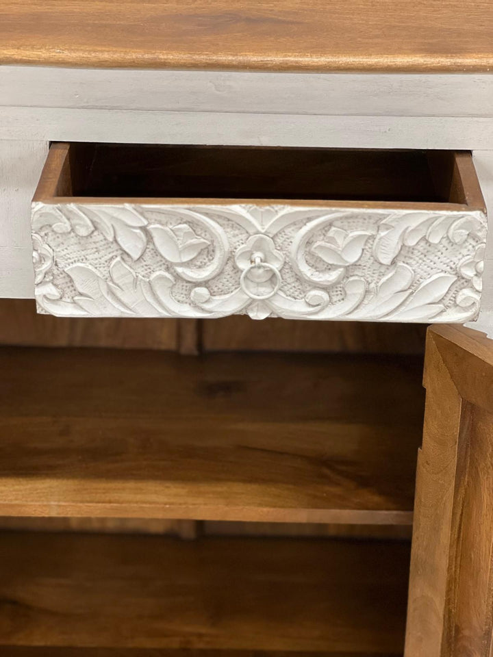 Hand-Carved Mango Wood Sideboard with Floral Detailing – Whitewashed Finish