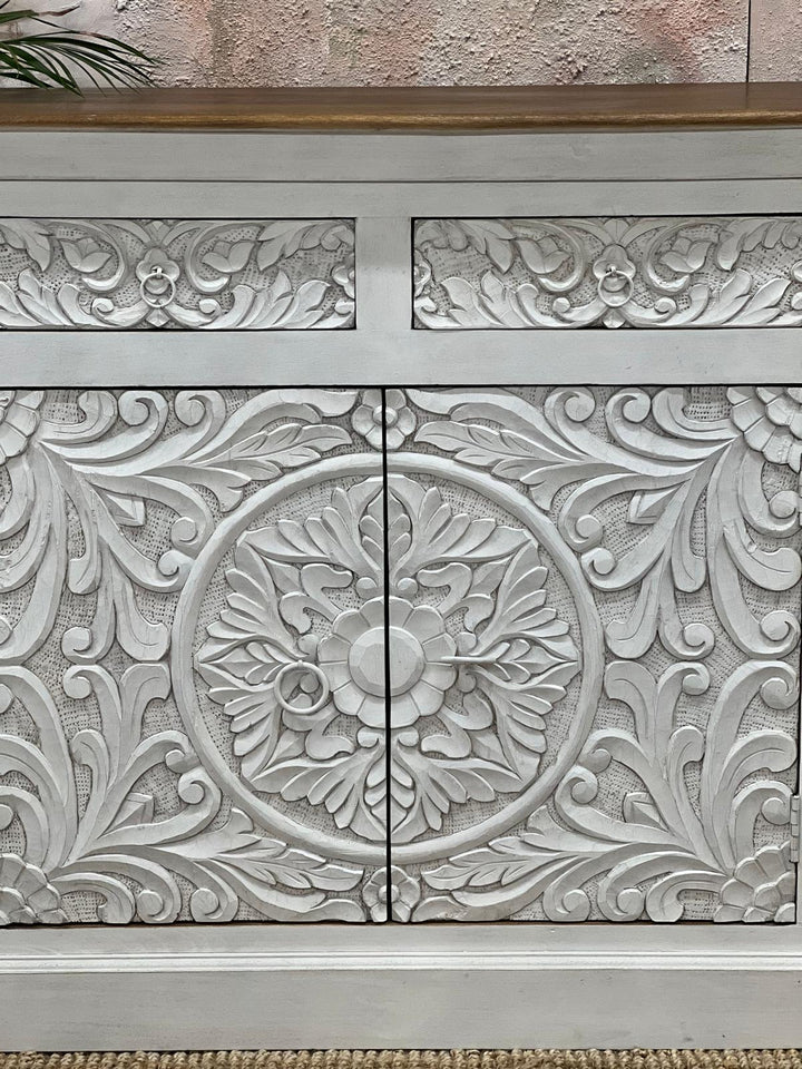 Hand-Carved Mango Wood Sideboard with Floral Detailing – Whitewashed Finish