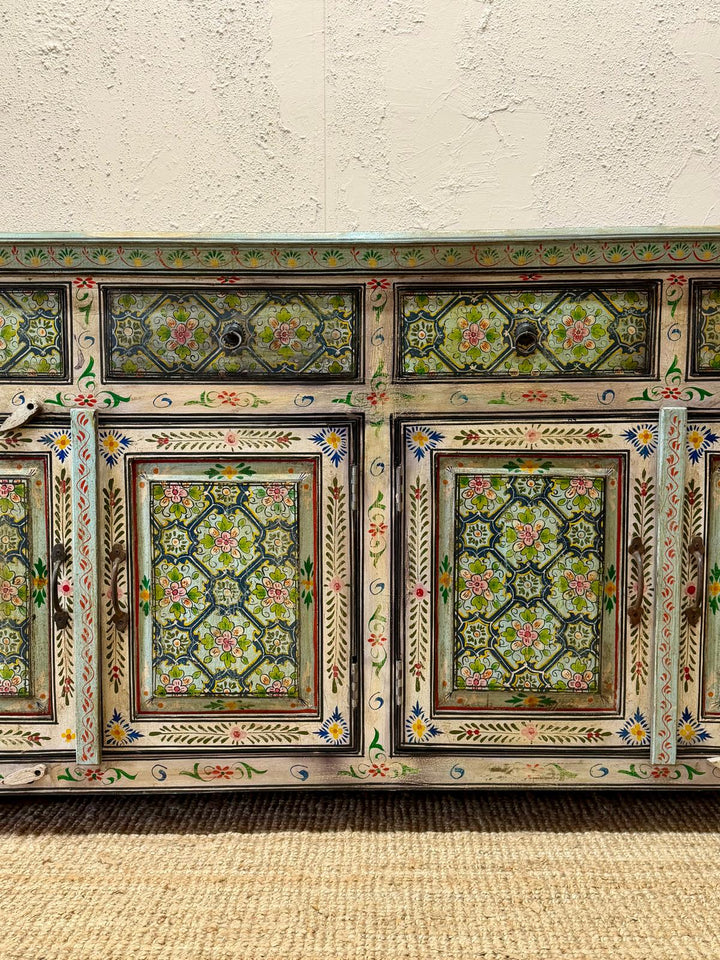 Hand-Painted Mango Wood Sideboard – 4 Doors & 4 Drawers, Floral Design (180cm)
