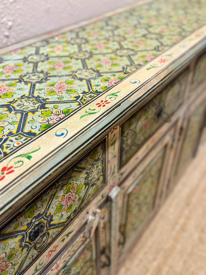 Hand-Painted Mango Wood Sideboard – 4 Doors & 4 Drawers, Floral Design (180cm)