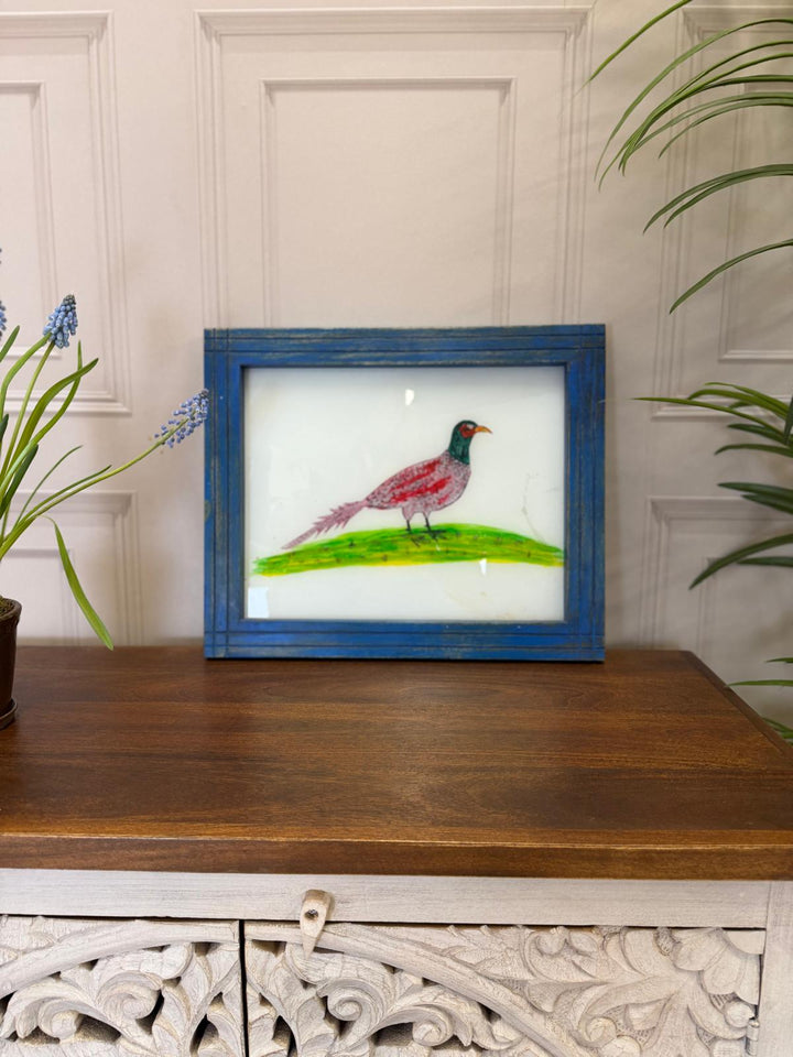 Hand-Painted Pheasant Oil Painting – Reclaimed Mango Wood Frame (37 x 45 cm)