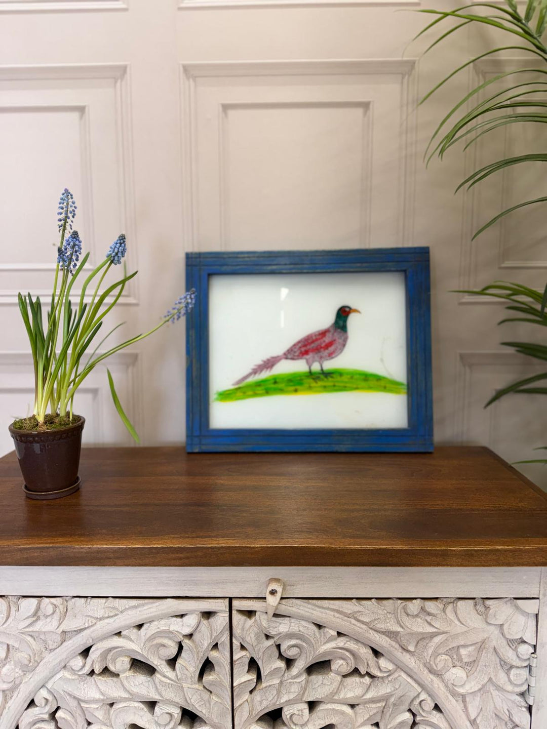Hand-Painted Pheasant Oil Painting – Reclaimed Mango Wood Frame (37 x 45 cm)