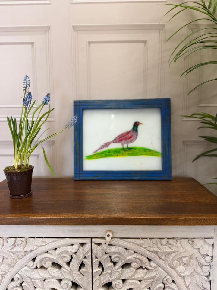 Hand-Painted Pheasant Oil Painting – Reclaimed Mango Wood Frame (37 x 45 cm)