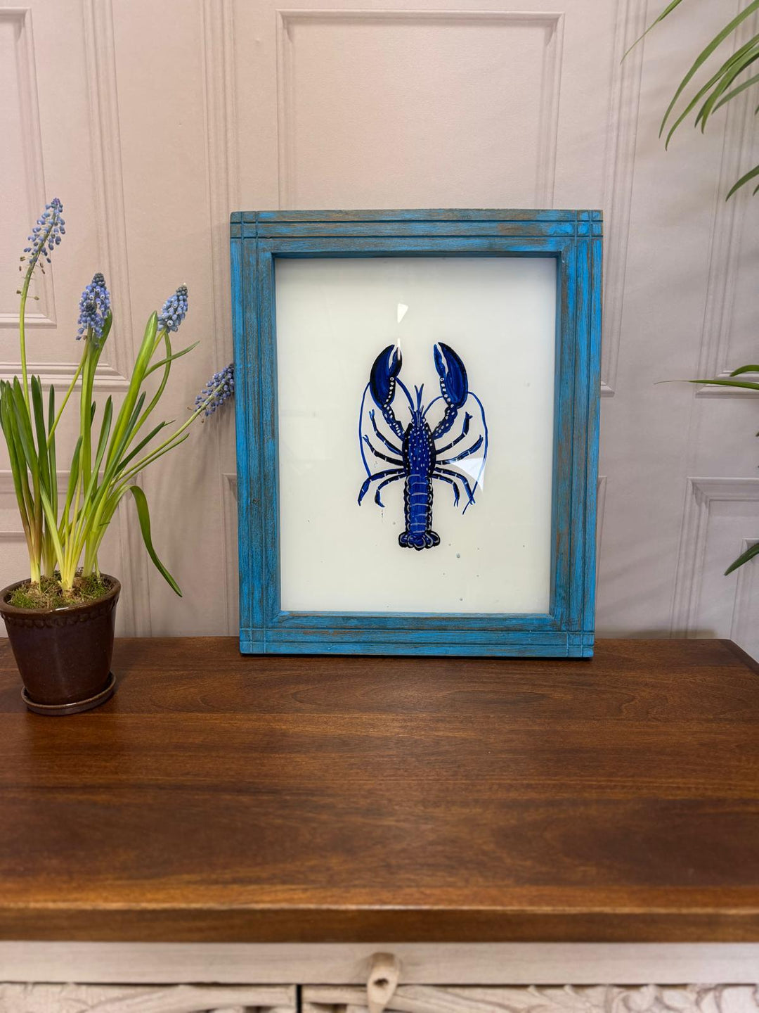 Hand-Painted Blue Lobster Oil Painting – Reclaimed Mango Wood Frame (37 x 45 cm)