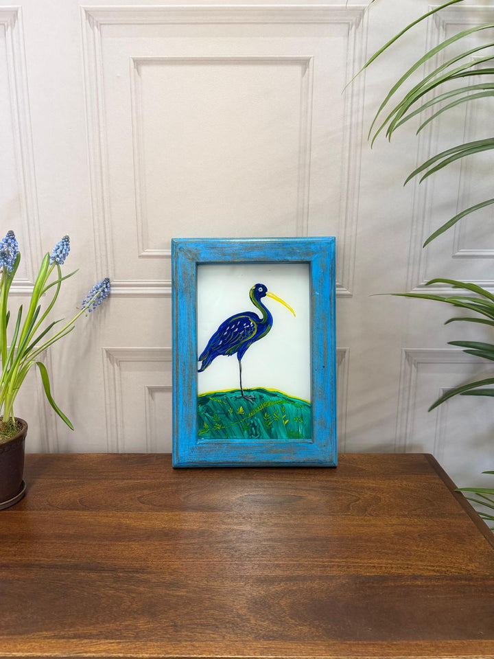 Hand-Painted Blue Heron Oil Painting – Reclaimed Mango Wood Frame (27 x 37 cm)
