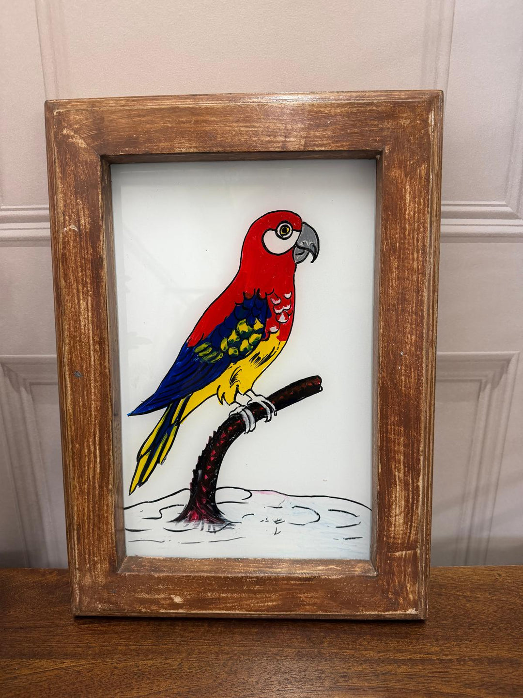 Hand-Painted Parrot Oil Painting – Reclaimed Mango Wood Frame (27 x 37 cm)