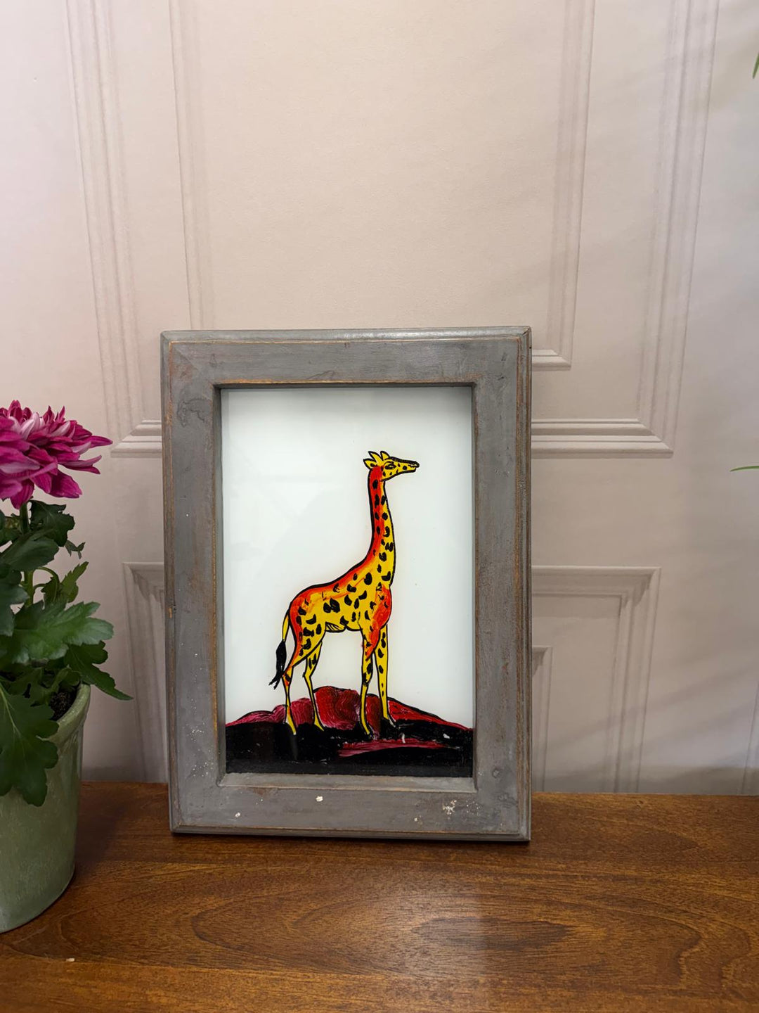 Hand-Painted Giraffe Oil Painting – Reclaimed Mango Wood Frame (22 x 29 cm)
