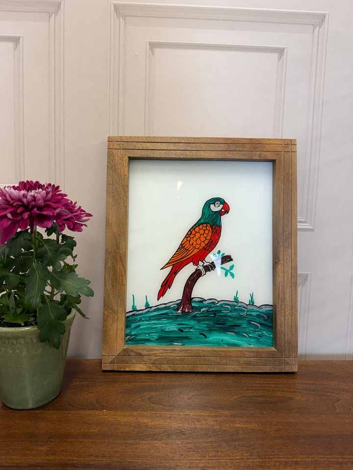 Hand-Painted Parrot Oil Painting – Reclaimed Mango Wood Frame (37 x 45 cm)