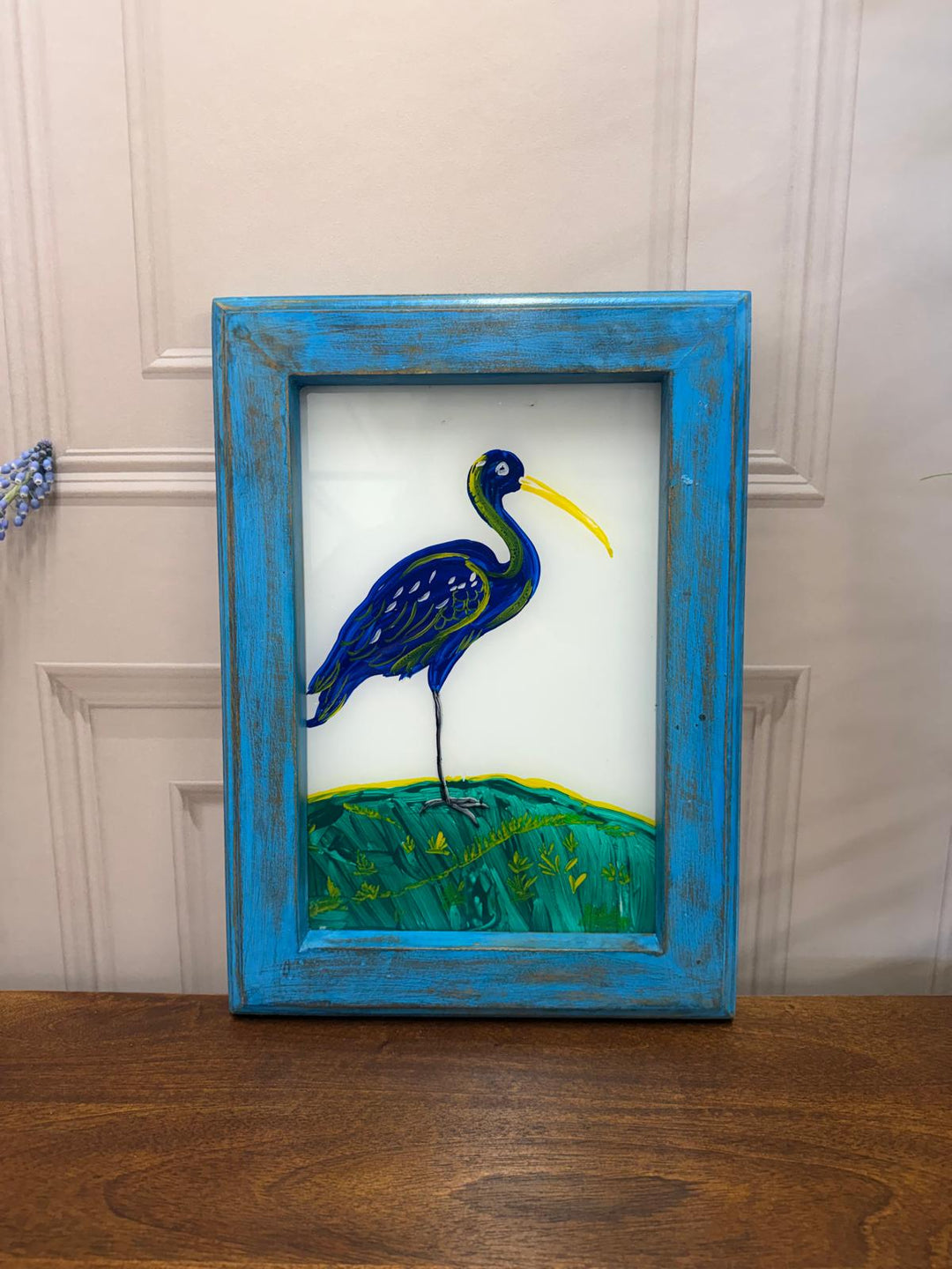 Hand-Painted Blue Heron Oil Painting – Reclaimed Mango Wood Frame (27 x 37 cm)