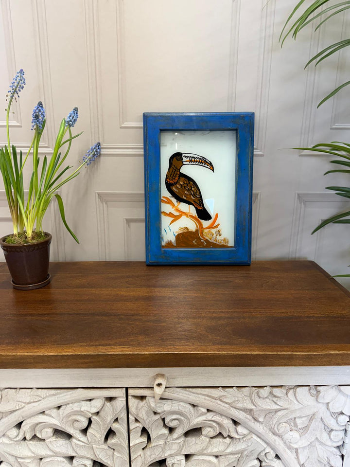 Hand-Painted Toucan Oil Painting – Reclaimed Mango Wood Frame (27 x 37 cm)