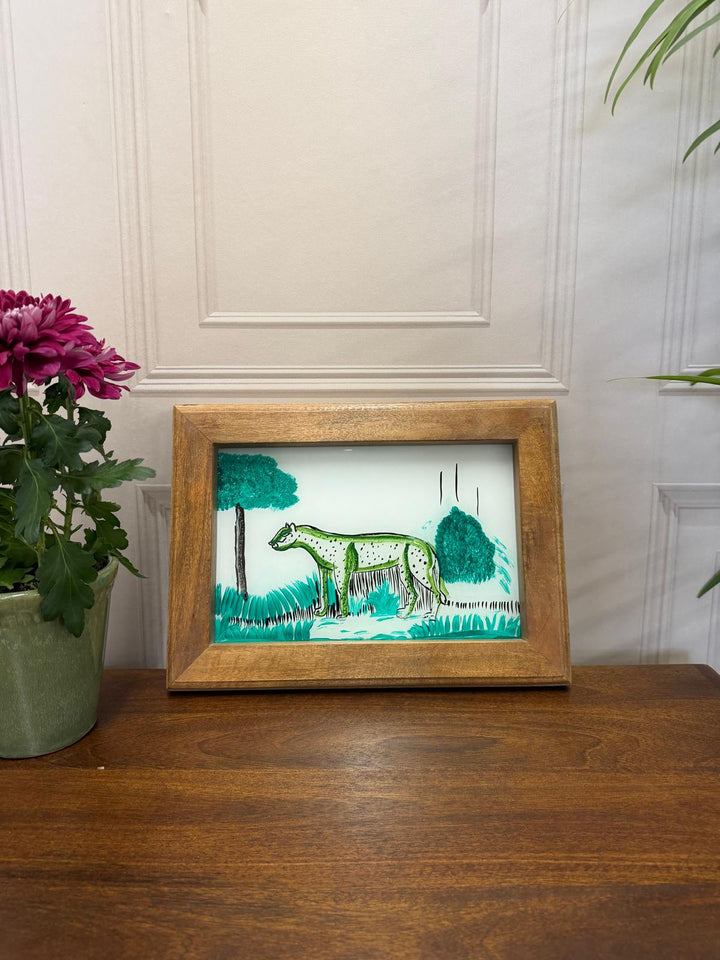 Hand-Painted Leopard Oil Painting – Reclaimed Mango Wood Frame (27 x 37 cm)