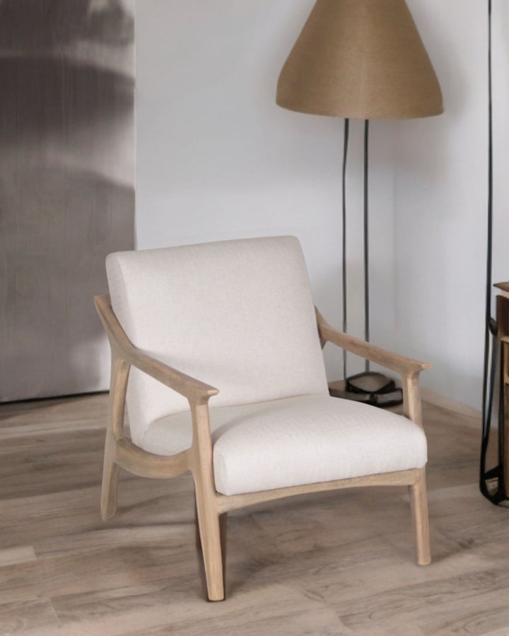 Handcrafted Mango Wood Armchair – Linen Upholstery