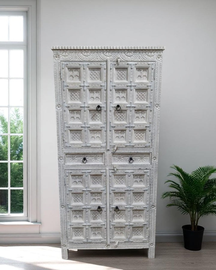 Hand-Carved Mango Wood Cabinet – Whitewashed Finish with 4 Doors & 2 Drawers
