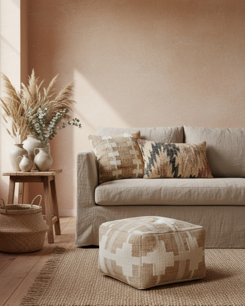 Handwoven Jute and Boucle Pouf – Natural and Cream Textured Design