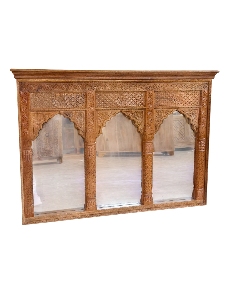 Hand-Carved Mango Wood Mirror – Triple Arch Design with Intricate Floral Carvings