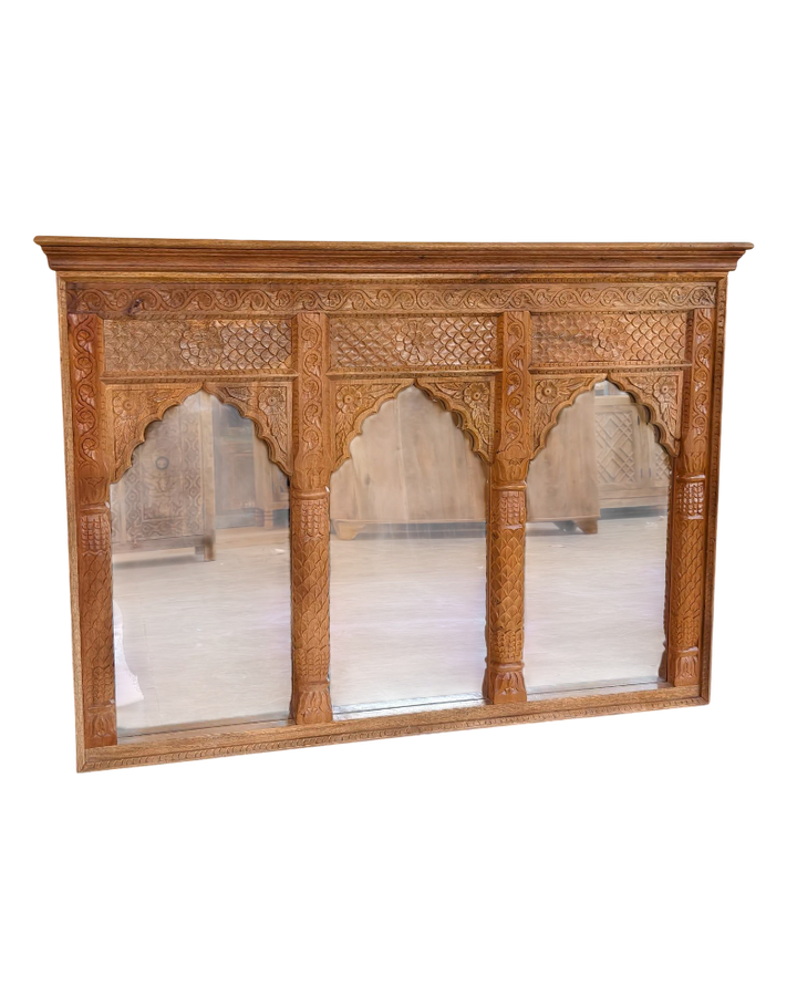 Hand-Carved Mango Wood Mirror – Triple Arch Design with Intricate Floral Carvings