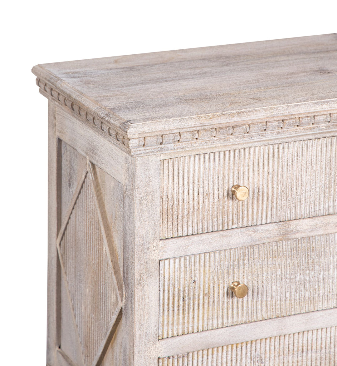 Hand-Carved Mango Wood Bedside Table with Linear and Diamond Detailing