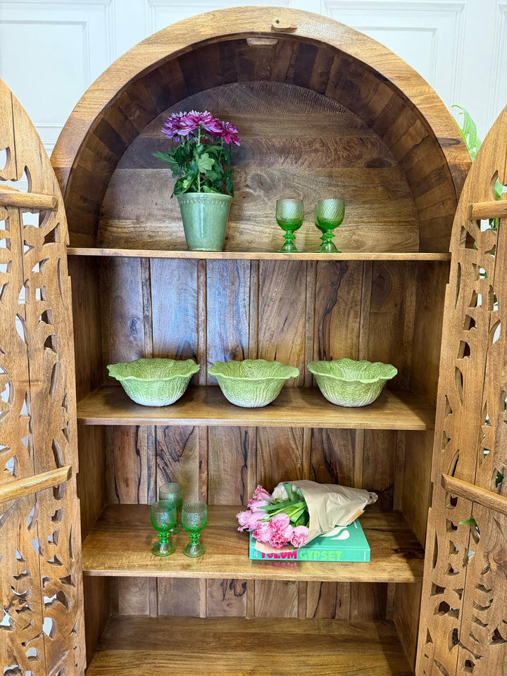 Arched Hand-Carved Mango Wood Armoire – Floral Openwork Design in Natural Finish