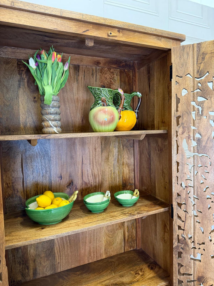 Hand-Carved Mango Wood Armoire – Peacock & Floral Design in Natural Finish