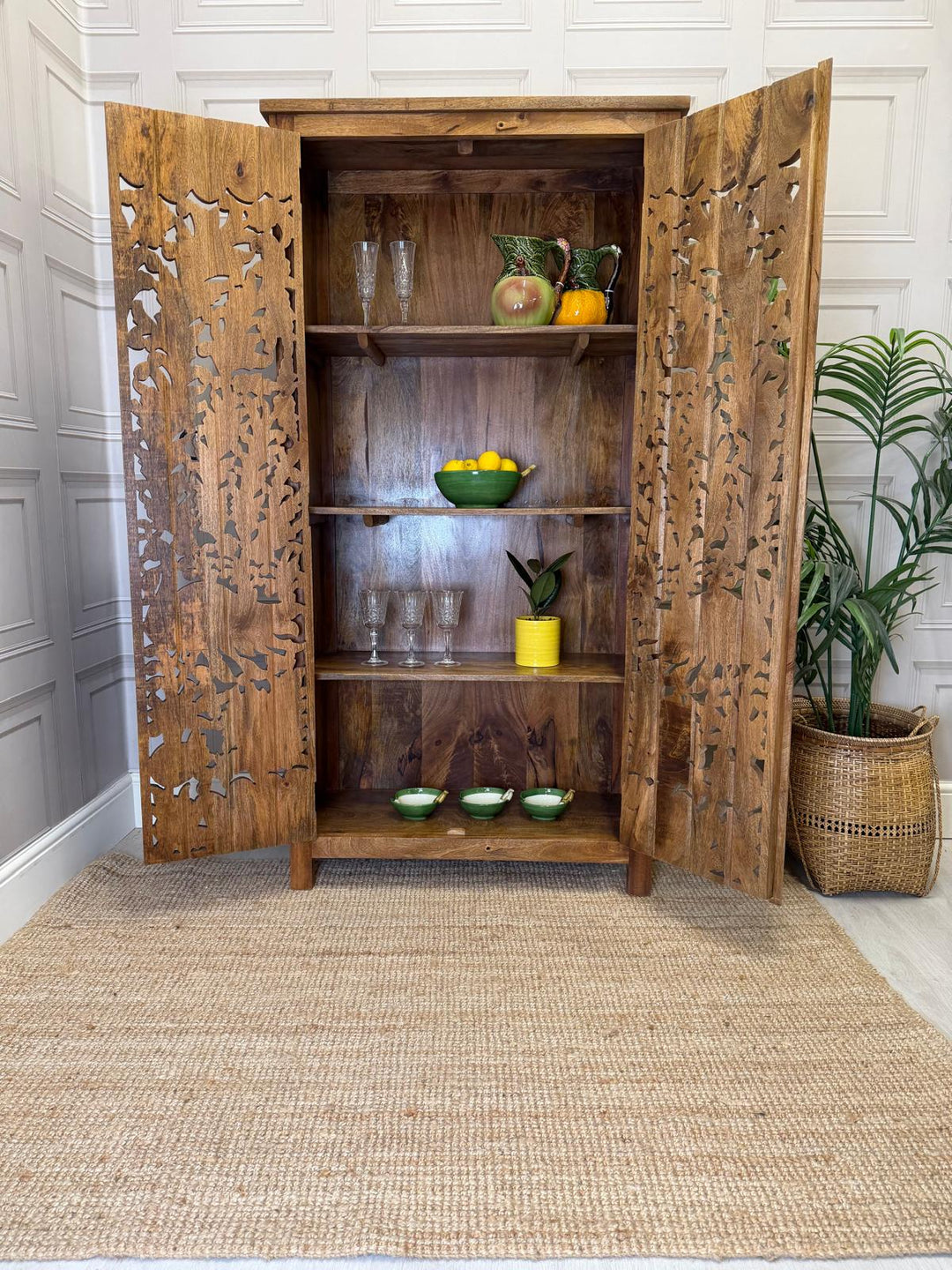 Hand-Carved Mango Wood Armoire – Peacock & Floral Design in Natural Finish