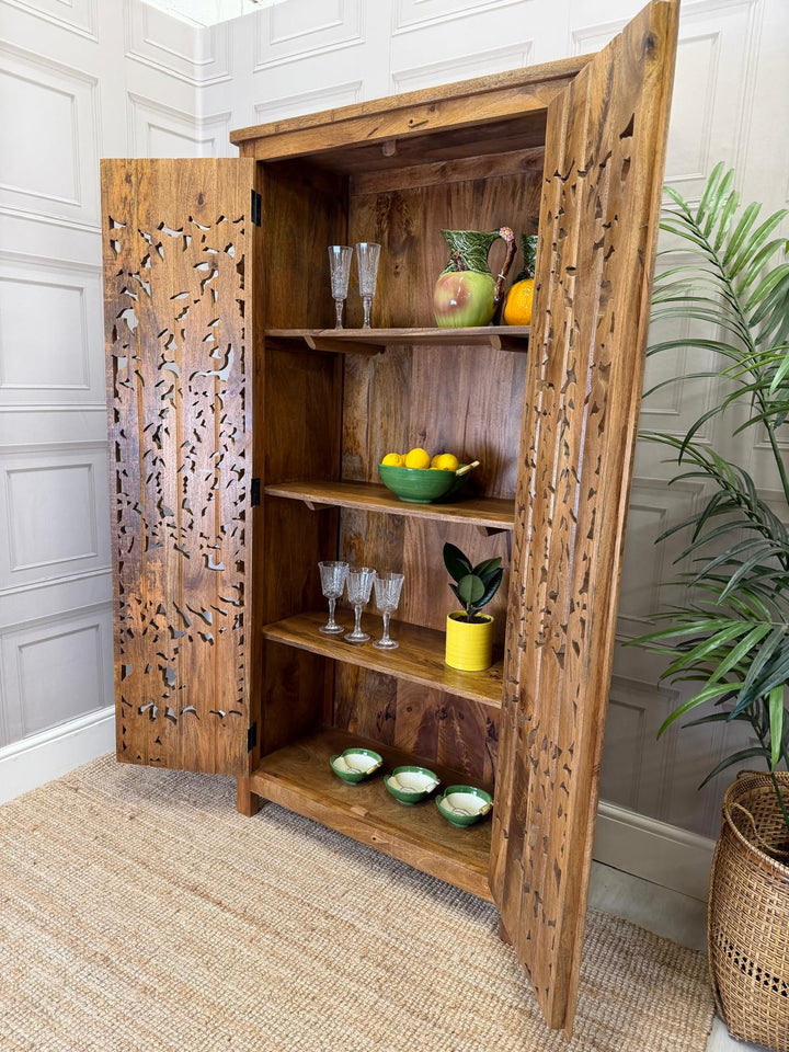 Hand-Carved Mango Wood Armoire – Peacock & Floral Design in Natural Finish