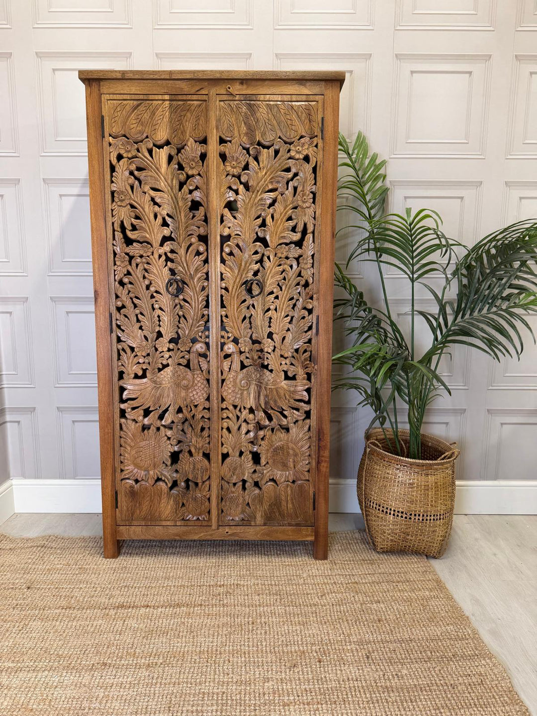 Hand-Carved Mango Wood Armoire – Peacock & Floral Design in Natural Finish