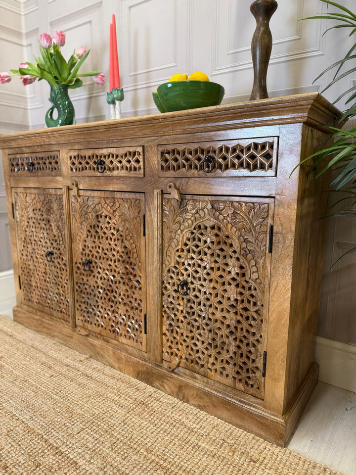 Three Door & Three Drawer Mango Wood Sideboard — Natural Polished Finish