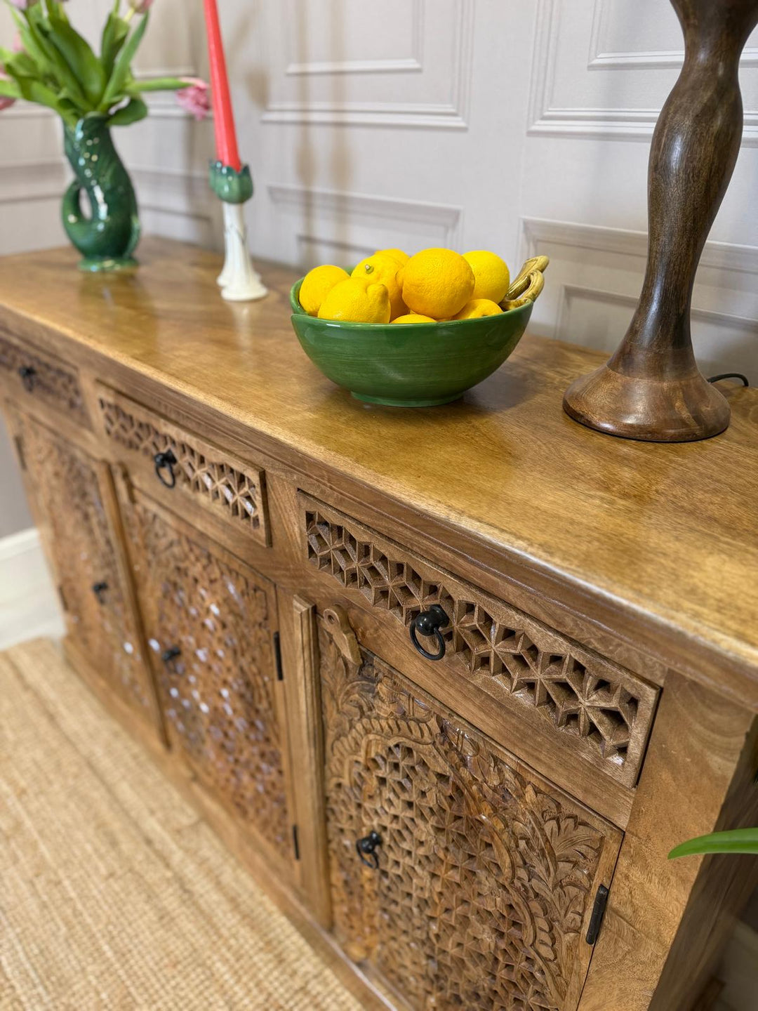 Three Door & Three Drawer Mango Wood Sideboard — Natural Polished Finish